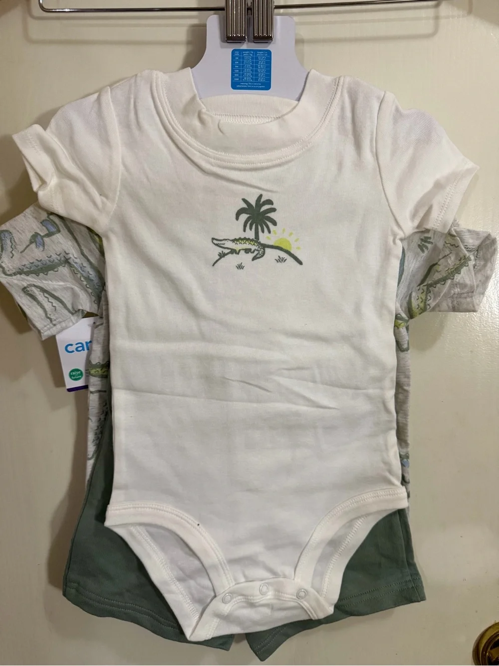 Carter's 3 piece set Light Gray Crocodile Print Henley Tee - Green Accents (180)